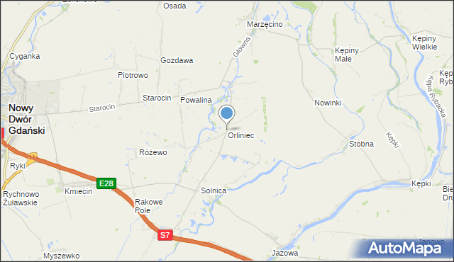 mapa Orliniec, Orliniec gmina Nowy Dwór Gdański na mapie Targeo